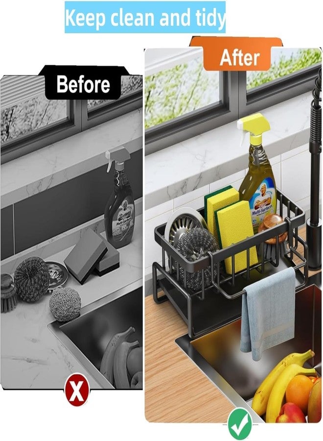 OVENA Sink Organise, Kitchen Organise Stainless Steel with Self-Draining Drain Tray for Sponge Holder, Towel Holder, Dish Cloth Holder, Super Organise for Kitchen and Bathroom(Black) - Image 4